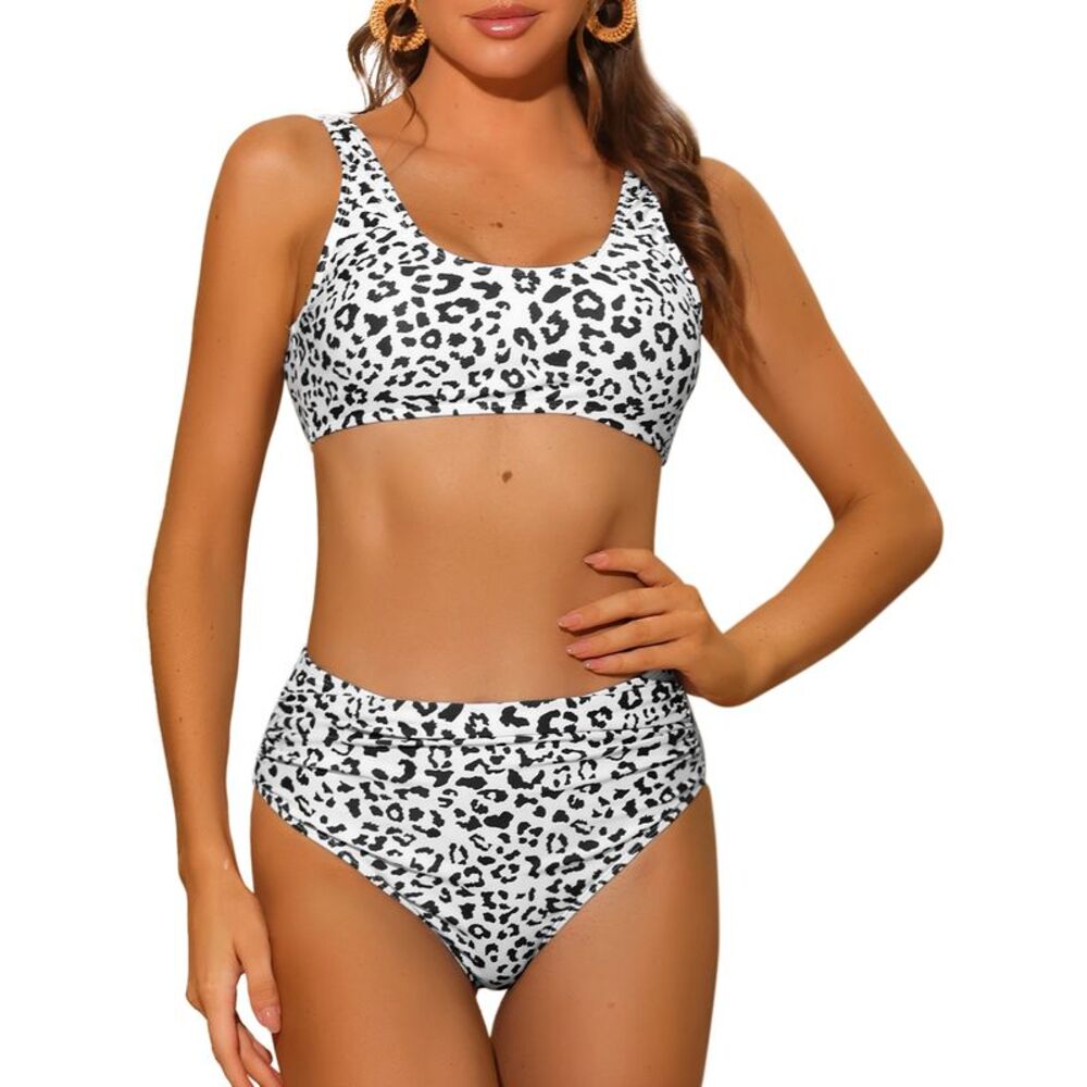 2pcs Leopard Bikini Sets Ruched High Waist Tummy Control Bottom Swimwear Suits